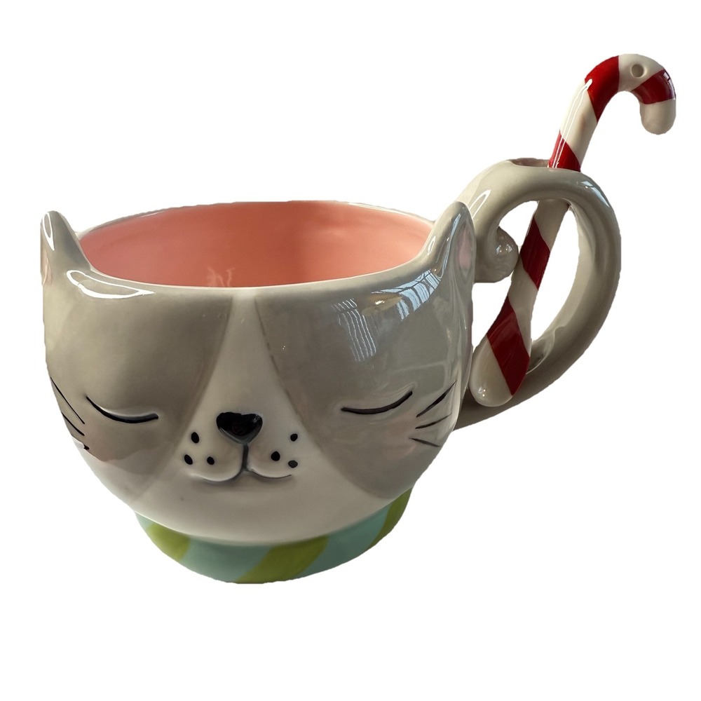 St Nicholas Square  Cat with Candy Cane Spoon Coffee Hot Chocolate Mug Cup